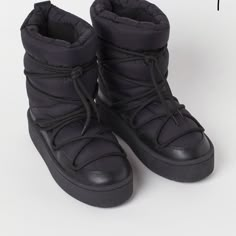 New No Box Never Worn Or Used Size 10 Padded Black Ankle Boot Quilted Nylon With Faux Leather Laces Over Foot Big Laces Shoes, Black Casual Nylon Boots, Casual Black Nylon Boots, H&m Leather Winter Boots, Casual Winter Boots By H&m, H&m Casual Winter Boots, Casual H&m Winter Boots, Trendy H&m Winter Boots, Padded Boots