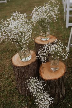 three vases filled with baby's breath flowers sitting on top of wooden logs