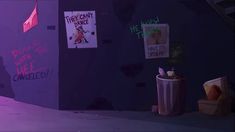 a purple room with posters on the wall and trash can in front of it,