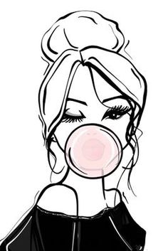 a black and white drawing of a woman with a bubble in her mouth