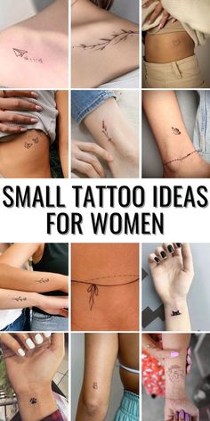 small tattoo ideas for women on the back of their bodies and hands, with words above them