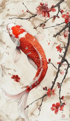 a painting of a koi fish on a branch with red flowers