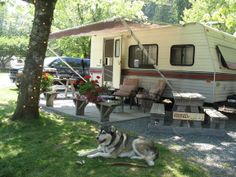 a dog laying on the ground in front of a camper