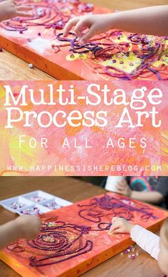 kids painting on canvass with the words, multi - stage process art for all ages