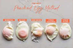 four different types of fried eggs on a white counter top with text overlay that reads, the best cracked egg method