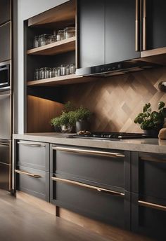 a kitchen with wooden cabinets and stainless steel appliances