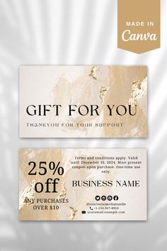 two gift cards with gold foil on them, one for you and the other for your support