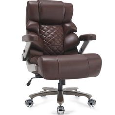 a brown leather office chair sitting on top of a metal base