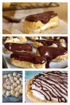 several different types of desserts and pastries on display with chocolate drizzled over them