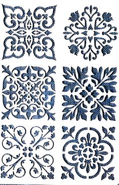 four different designs in blue and white on a sheet of paper, each with an ornate design