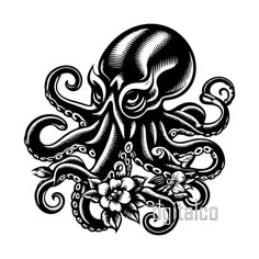 an octopus tattoo design with flowers on it