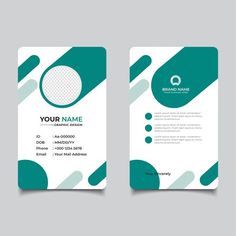 a business card with green and white shapes on the front, side and back sides