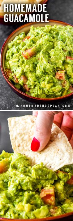 guacamole in a bowl with tortilla chips and salsa on the side