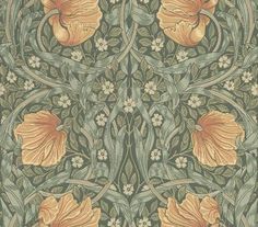 an intricately designed wallpaper with flowers and leaves in green, yellow and orange colors