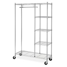 a metal rack with four shelves on wheels