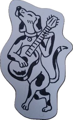 a sticker with a dog playing the guitar on it's back side, in black and white