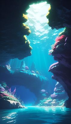 an underwater scene with sunlight shining through the water