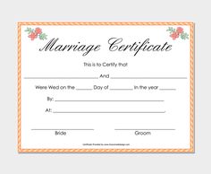 marriage certificate is shown with flowers on the front and bottom, as well as an orange border