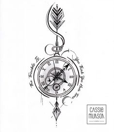 a drawing of a clock with an arrow on it's side and the words casssie munson written in cursive writing