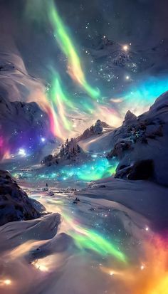 the aurora lights shine brightly in the sky above snow covered mountains