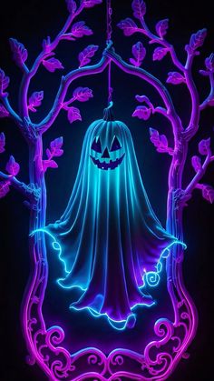 a neon halloween scene with a ghost hanging from a tree