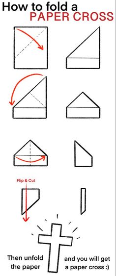 how to fold a paper cross and cut it into four sections, with the instructions below