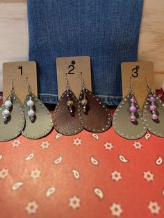 Leather earrings with beads and rhinestones. One sided leather earrings. 3 1/2 inches long Party Leather Dangle Earrings, Leather Earrings With Beads, Earrings With Beads, Diy Leather Earrings, Leather Diy, One Sided, Diy Earrings, Leather Earrings, Making Jewelry