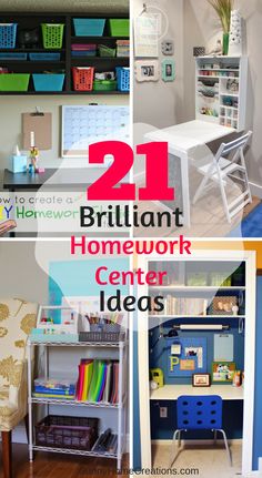 the collage shows different types of desks and bookshelves with text overlay that reads 21 brilliant homework center ideas