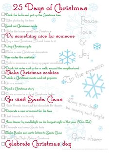 the 25 days of christmas printable list with snowflakes and words on it