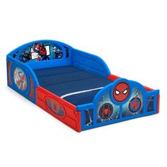 a spiderman bed with an open top and two bedspreads on the bottom