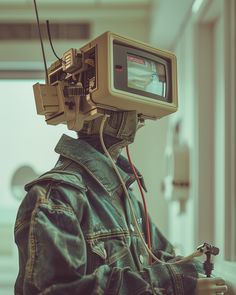 a man wearing a jean jacket with a camera on top of his head, sitting in front of a window