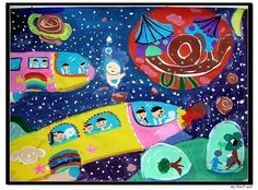 this is an image of children's artwork in the night sky with stars and planets