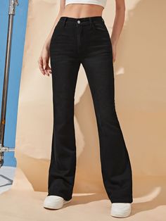 Black Flared Jeans, Black Flare Jeans, Black Bootcut Jeans, Flair Jeans, Western Outfit, Casual Denim Pants