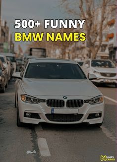 a white bmw car driving down a street next to tall buildings and cars on the road