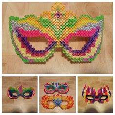 three different masks made out of plastic beads