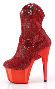 YEEHAW!!! Giddy-up partner in these fancy AF rhinestone heels. Shimmer and shine from every angle! The ADORE-1029CHRS boots are entirely covered in bright red rhinestones on the entire upper section and the detachable O-ring bootstrap while the platform is a shiny red chrome! These cute ankle boots secure with an inner zip for easy on/off. The Adore series features a 7" heel, and a 2 3/4" platform. Calf Circumference (Size 8): 26.1cmShaft Height (Size 8): 13.9cmMaterial: 100% vegan. US women's s Cowgirl Ankle Boots, 7 Inch Heels, Rhinestone Cowboy, Cute Ankle Boots, Red Chrome, Alternative Shoes, Cowboy Ankle Boots, Festival Shoes, Dance Heels