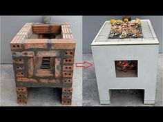 an outdoor grill made out of bricks and wood is shown in two different views, one with