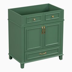 a green cabinet with gold handles and drawers