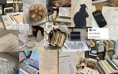 a collage of photos with papers, books and cell phones on it's surface