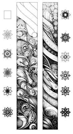 two bookmarks with different designs and shapes on the pages, one is black and white