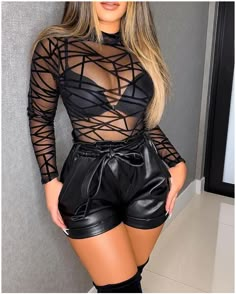 Spider Web Pattern, Web Pattern, Mock Neck Shirt, Black Leather Shorts, Looks Party, Slim Fit Top, Bodysuit Fashion, Mesh Bodysuit, Top Streetwear