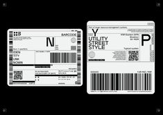 two white id badges with barcodes on the front and back sides, one in black