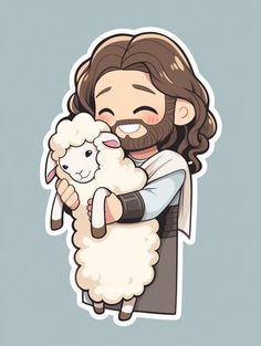 jesus holding a sheep sticker on a blue background