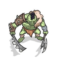 an image of a cartoon character holding two large axes in one hand and another with claws in the other