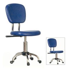 a blue office chair with wheels and casteors