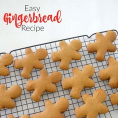 some cookies are cooling on a rack with the words easy gingerbread recipe written in red