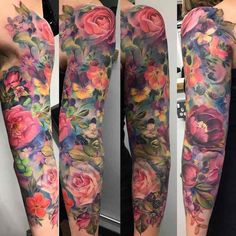 the full sleeve is covered in colorful flowers