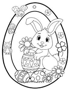 an easter egg with a bunny sitting in it and some flowers around the eggs coloring page