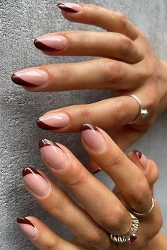 Biab Nail Designs Autumn, Mocha Tip Nails, Biab Teddy Nails, Autumn French Tip Nail Designs, Anthony Vince Nail Colors, Biab French Nail Art, Autumnal French Tip Nails, Autumnal Biab Nails, Biab Nails Oval