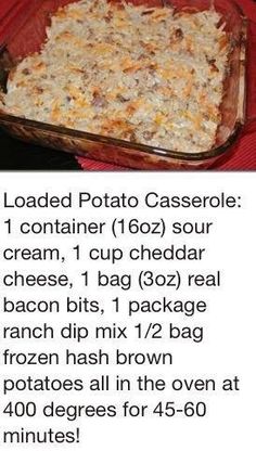 the recipe for loaded potato casserole is shown in two different languages, including instructions to make it